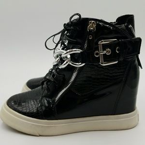 Black patent leather looking hidden wedge sneaker